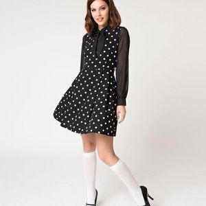 Black & White Polka Fit & Flare long sleeve dress